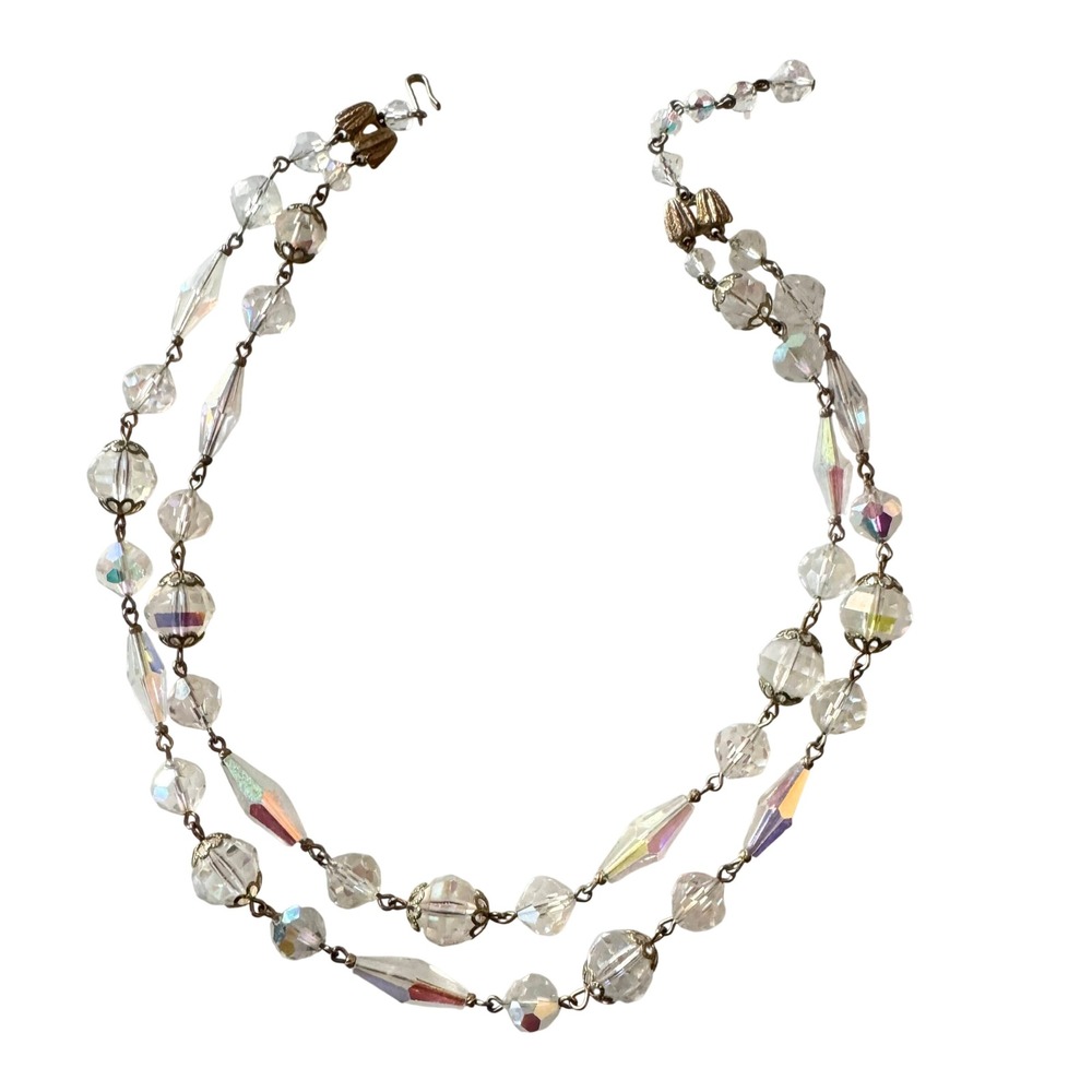 Vintage‎ Double Strand Aurora Borealis Crystal Necklace Adjustable Princess